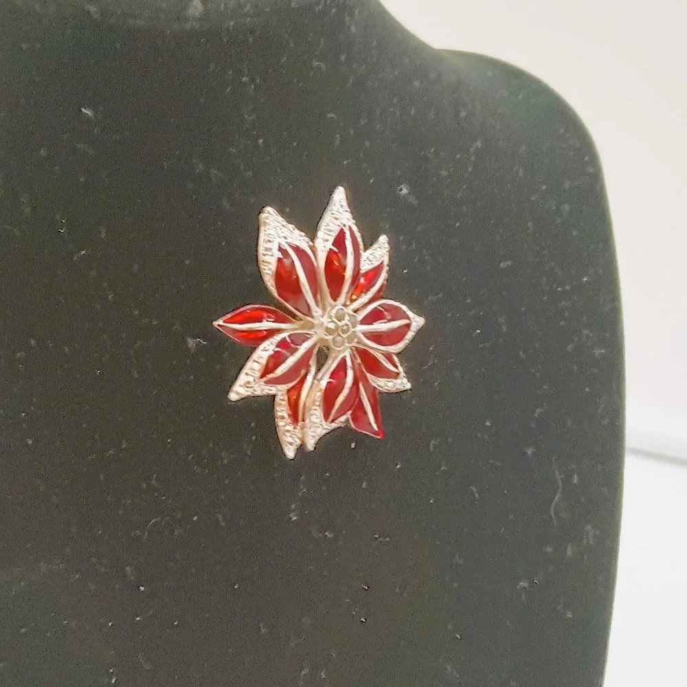 Silver Red Enamel Poinsettia Brooch Women's Floral Pave' Rhinestone Pin Jewelry